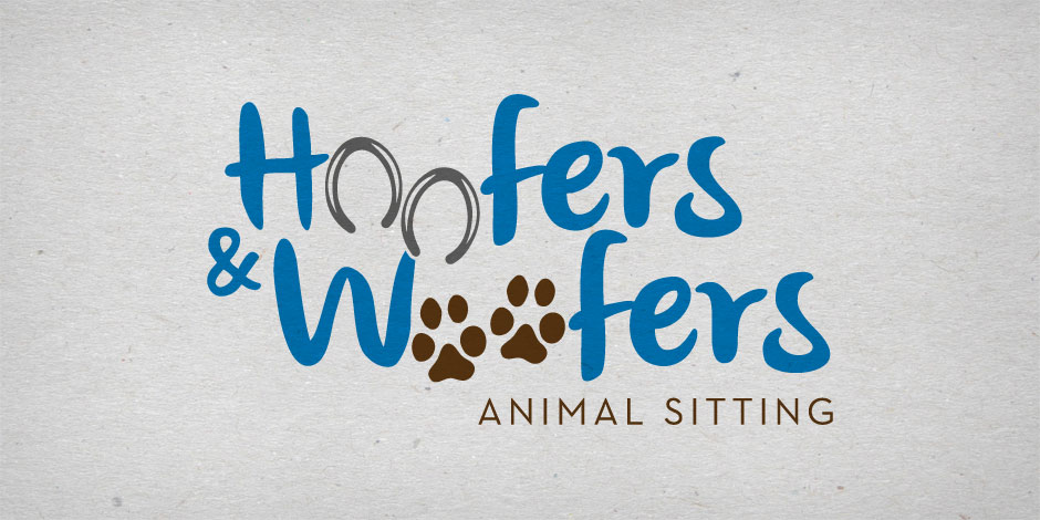 Logo for "Hoofers & Woofers Animal Sitting" featuring blue text with a horseshoe and paw prints incorporated into the company name.