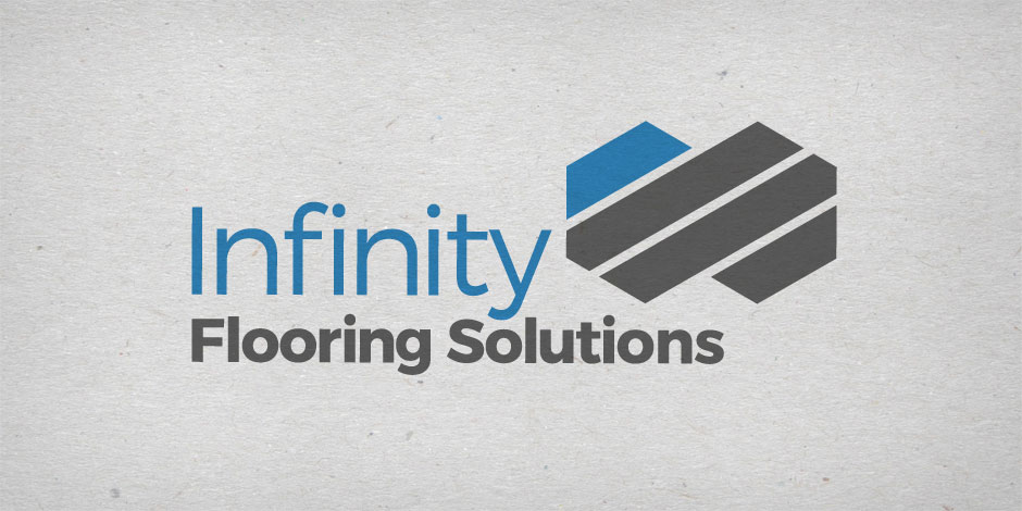 Logo for "Infinity Flooring Solutions" featuring the company name in blue and gray text with a geometric design of three gray and one blue parallelograms forming a connected shape.