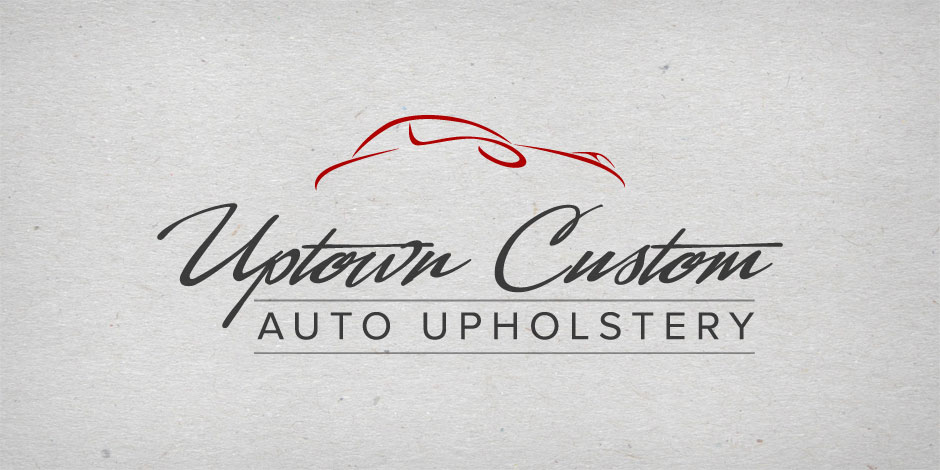 Logo of Uptown Custom Auto Upholstery featuring stylized red car silhouette above the company name in black cursive and capital letters on a light gray background.