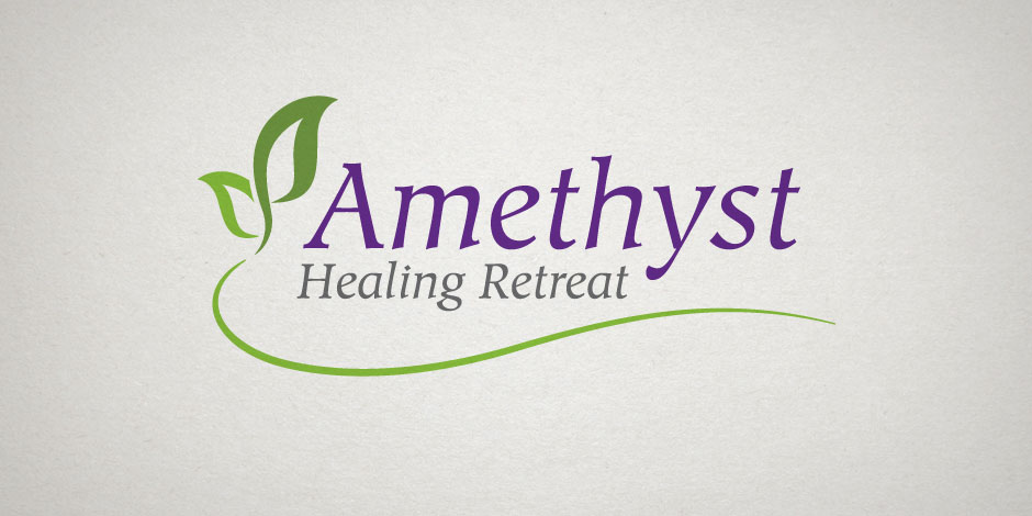 Logo of "Amethyst Healing Retreat" featuring green leaf elements and text in purple and green on a light background.