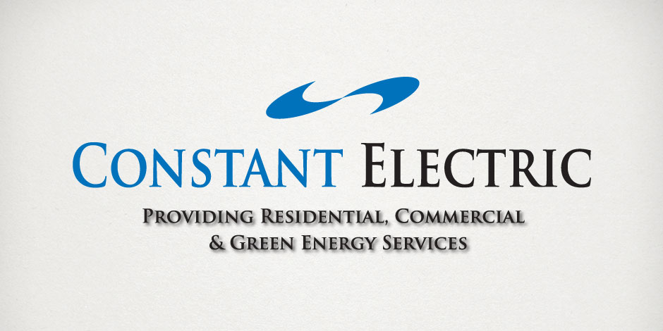 Logo of Constant Electric, featuring a blue swoosh above the company name and the tagline "Providing Residential, Commercial & Green Energy Services" below it.