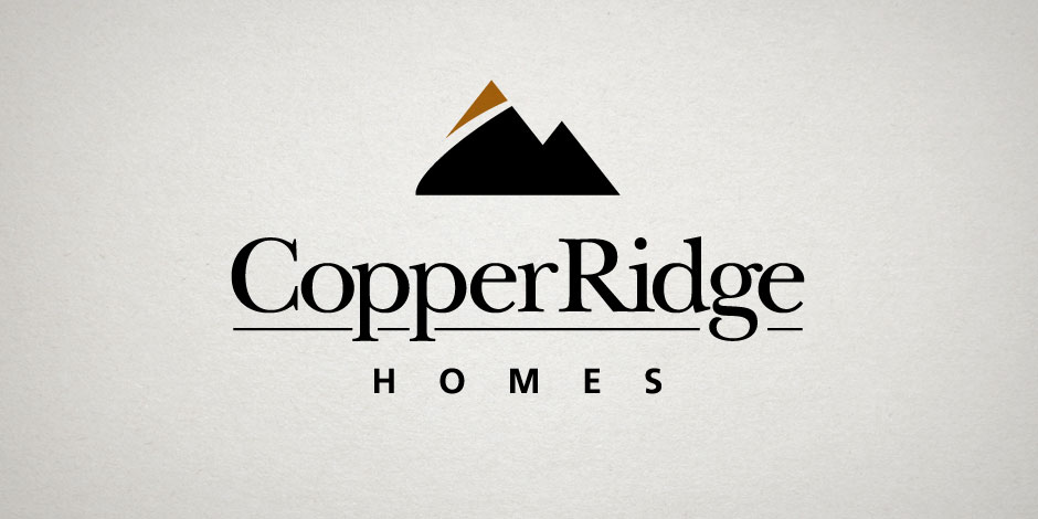 Logo for CopperRidge Homes featuring a minimalist mountain silhouette with a copper accent on top, and the company name and slogan below.