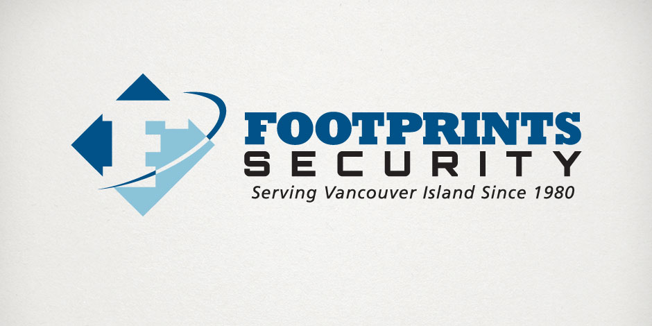Logo of Footprints Security with text "Serving Vancouver Island Since 1980" in blue and black colors, accompanied by a blue and white geometric design.
