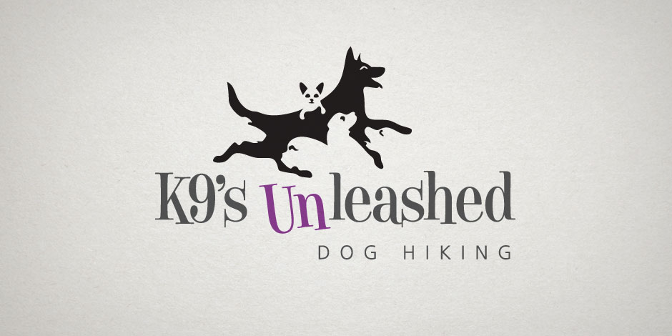 Silhouette of large dog with small dog inside its outline, beside text "K9's Unleashed" and "Dog Hiking.