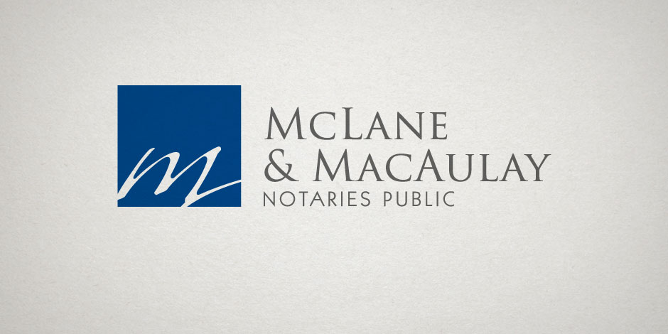 Logo of McLane & MacAulay Notaries Public with a blue square containing a stylized white "M" and the company name in grey text.