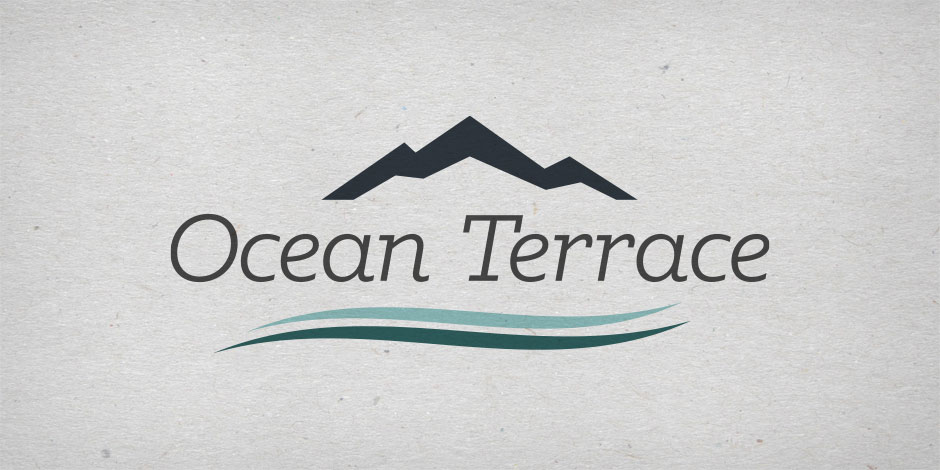 A graphic logo featuring the text "Ocean Terrace" with a stylized mountain and wave design above and below the text. The background is a light gray texture.