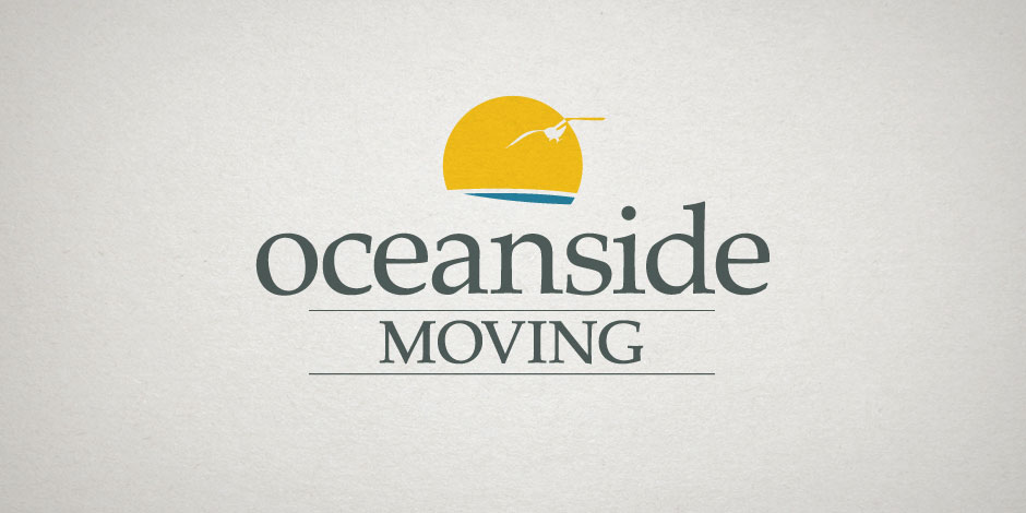 Logo for Oceanside Moving featuring the company name below a stylized image of a yellow sun, blue wave, and a seagull.