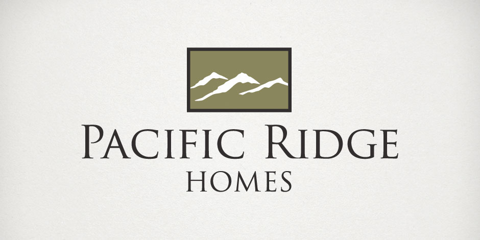 Logo of Pacific Ridge Homes featuring three peaked mountain shapes inside a green rectangular frame above the company's name.