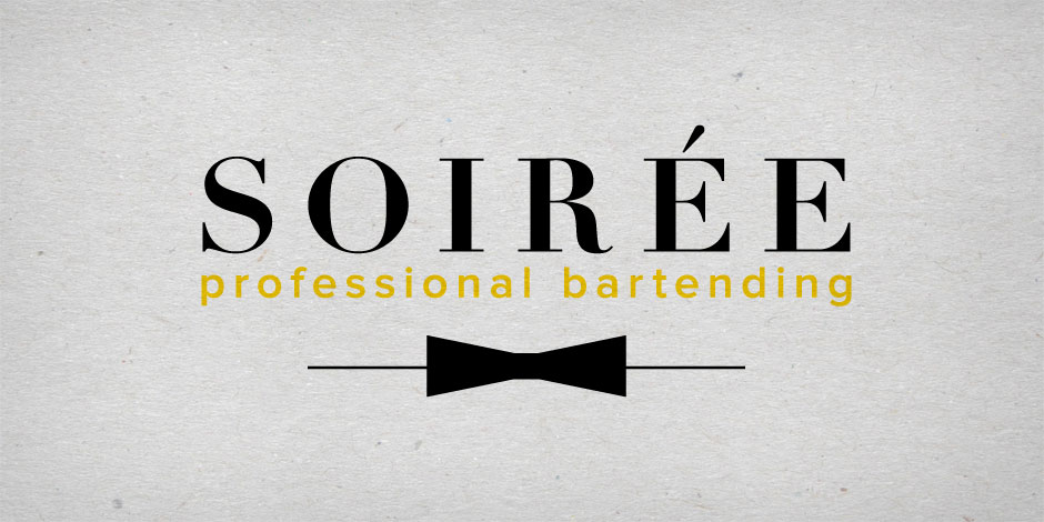 Logo of Soirée Professional Bartending with text and a black bow tie illustration below.