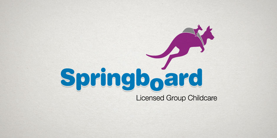 Logo of Springboard Licensed Group Childcare featuring a purple kangaroo with a child on its back next to blue text that reads "Springboard".
