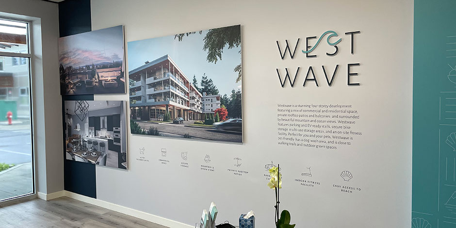 This image shows a marketing display for West Wave, featuring images of a modern residential building and a description of the property's amenities and benefits.