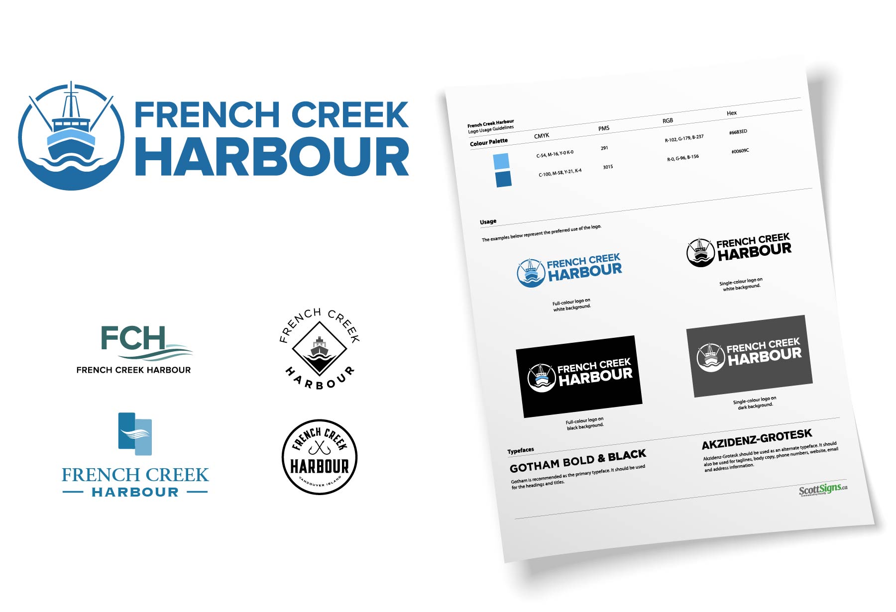 A brand design sheet for "French Creek Harbour" featuring various logo versions, including a boat graphic. Also shows font choices: Gotham Bold & Black and Akzidenz-Grotesk, along with color variations.