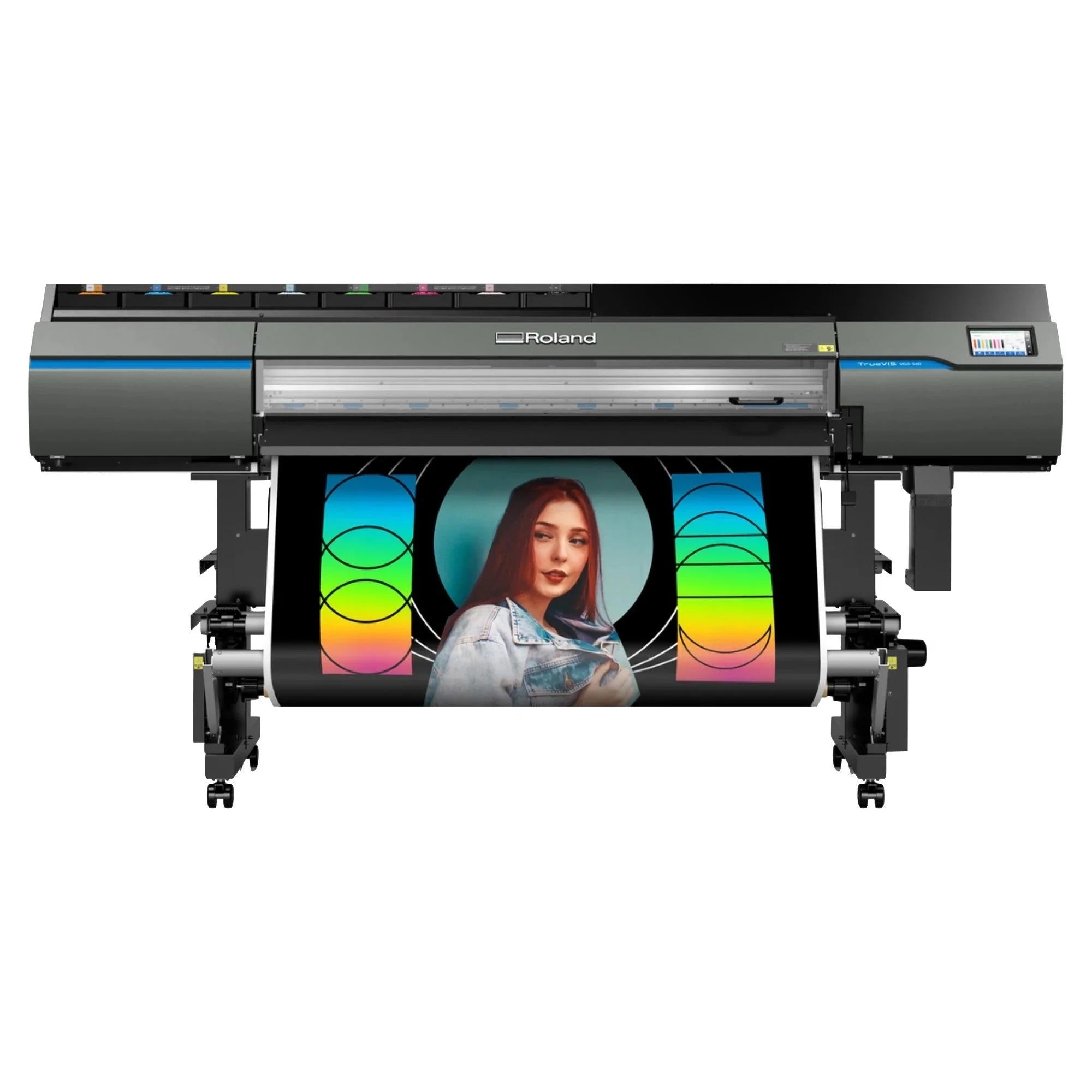 A wide-format printer producing a colorful print featuring a young woman with a denim jacket against a circular, rainbow-hued background.